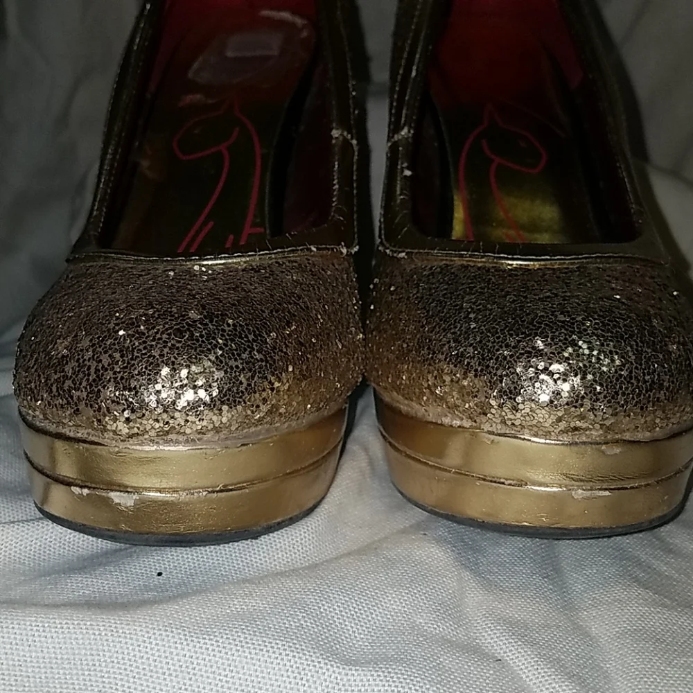 Baby Phat Shoes Gold Sparkle Platform Heel Sz 8 - Picture 3 of 7
